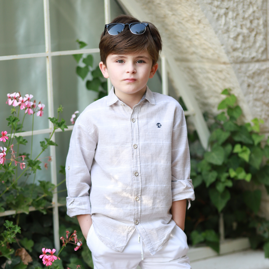 Boys Long Sleeves Beige with White Stripes Shirt
