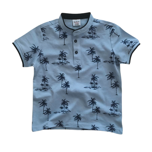 Blue Printed Mandarin Collar Short Sleeves T- Shirt