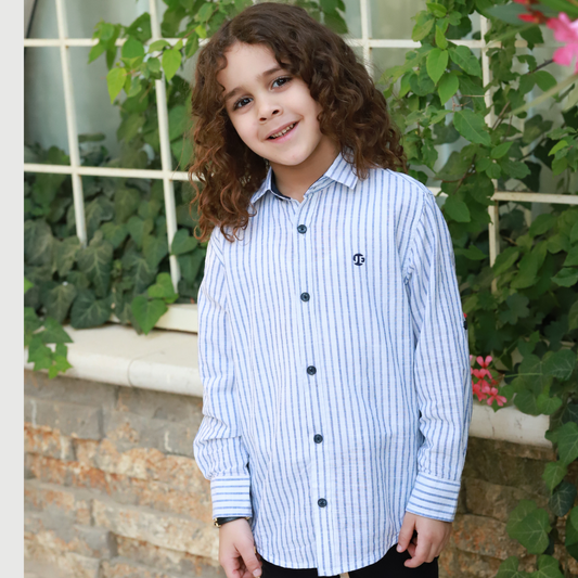 Boys Long Sleeves Blue and White Striped Shirt