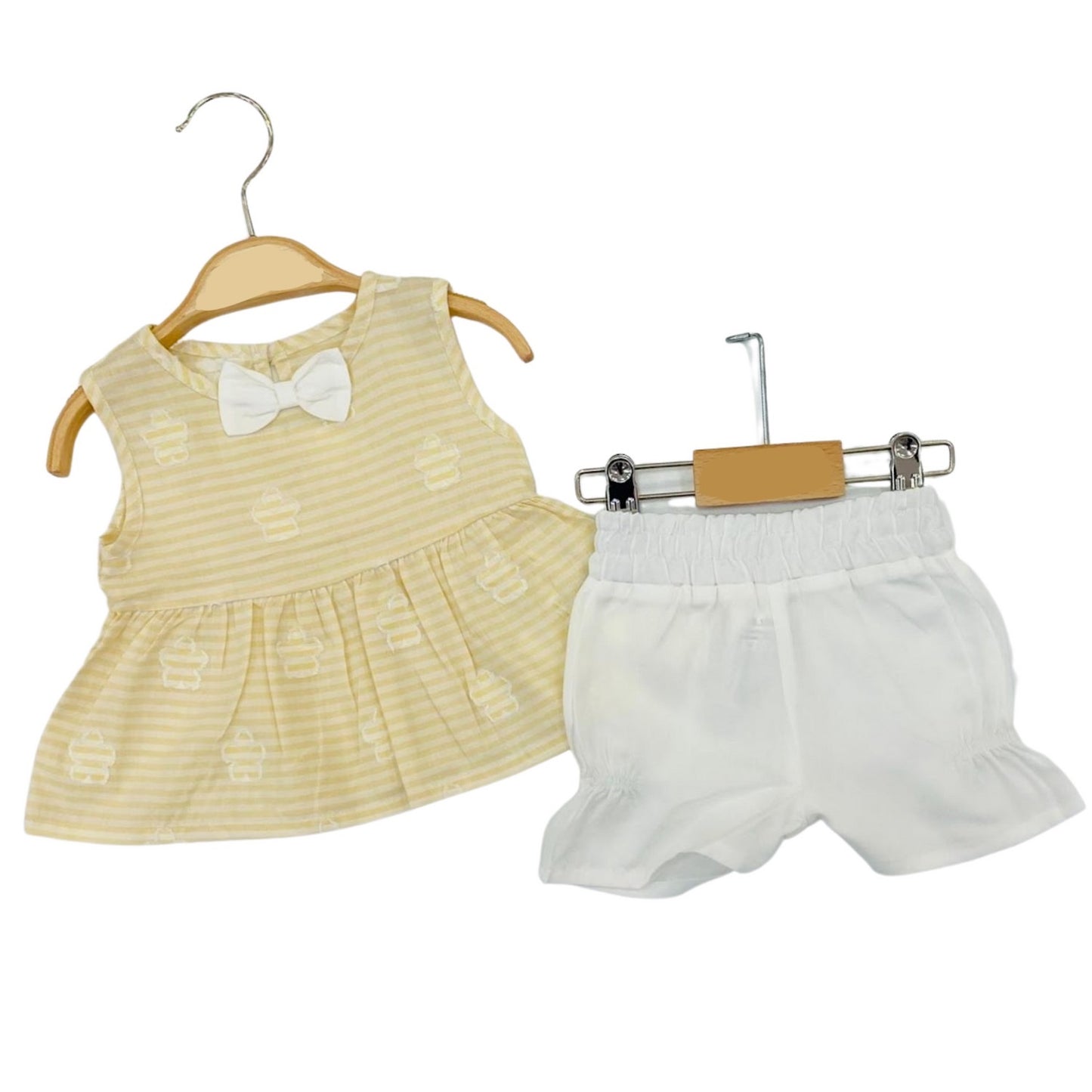 Yellow Striped Blouse+Ecru Baby Girl Shorts