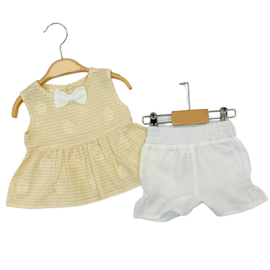 Yellow Striped Blouse+Ecru Baby Girl Shorts