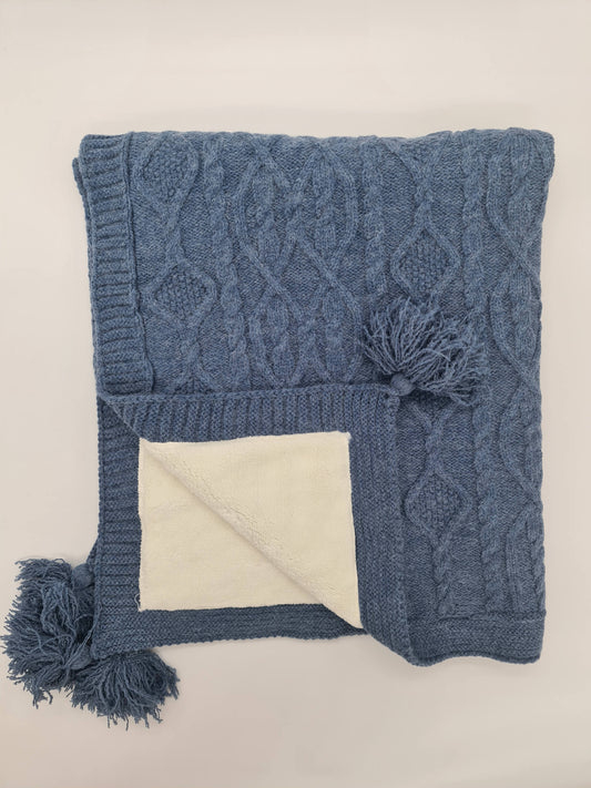 Knitted Blanket / Sherpa Fleece lining and a soft pom pom feature.