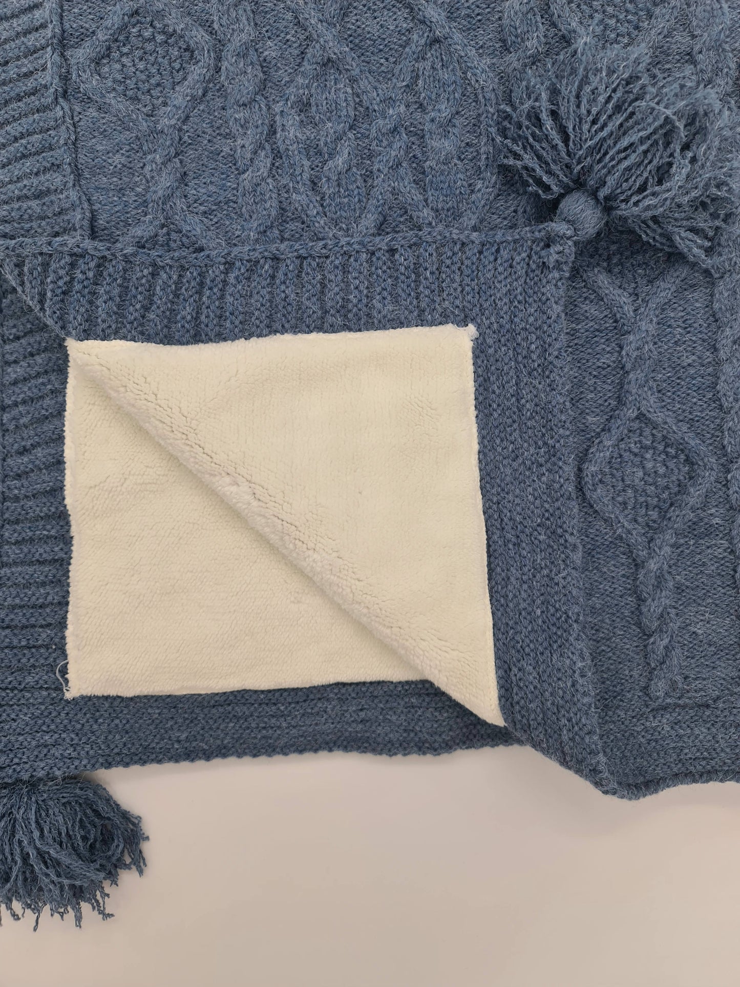 Knitted Blanket / Sherpa Fleece lining and a soft pom pom feature.