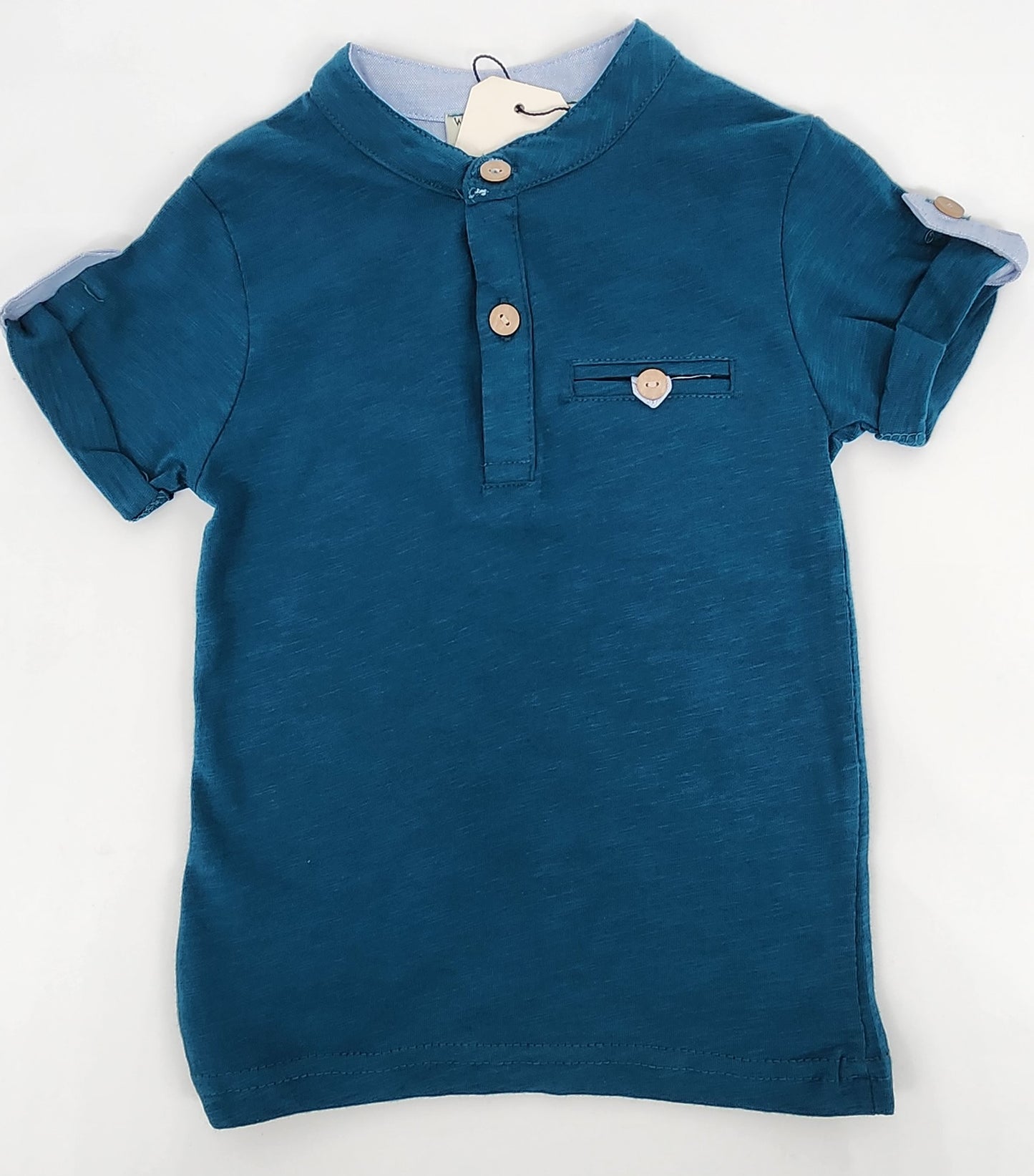 Turquoise Mandarin Collar Short Sleeves T-shirt