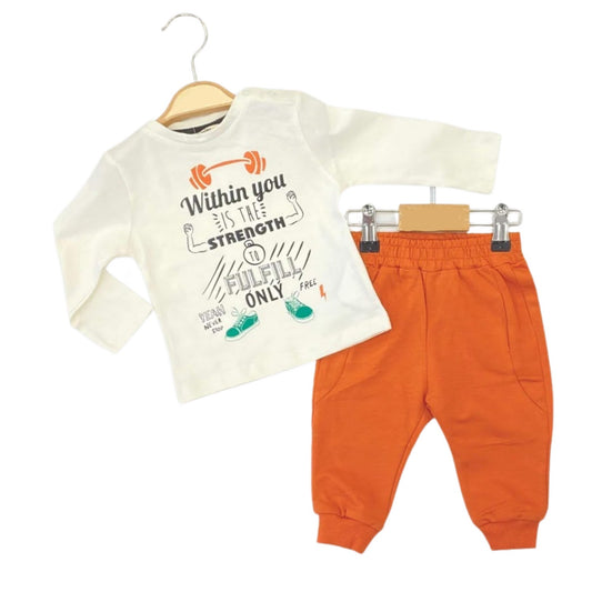 Printed Ecru T-Shirt Baby Boy Set Oranj