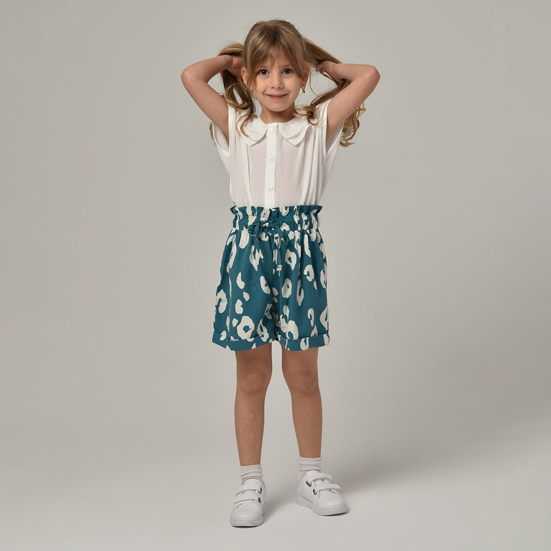 Ecru Blouse+Petroleum Patterned Girl Shorts