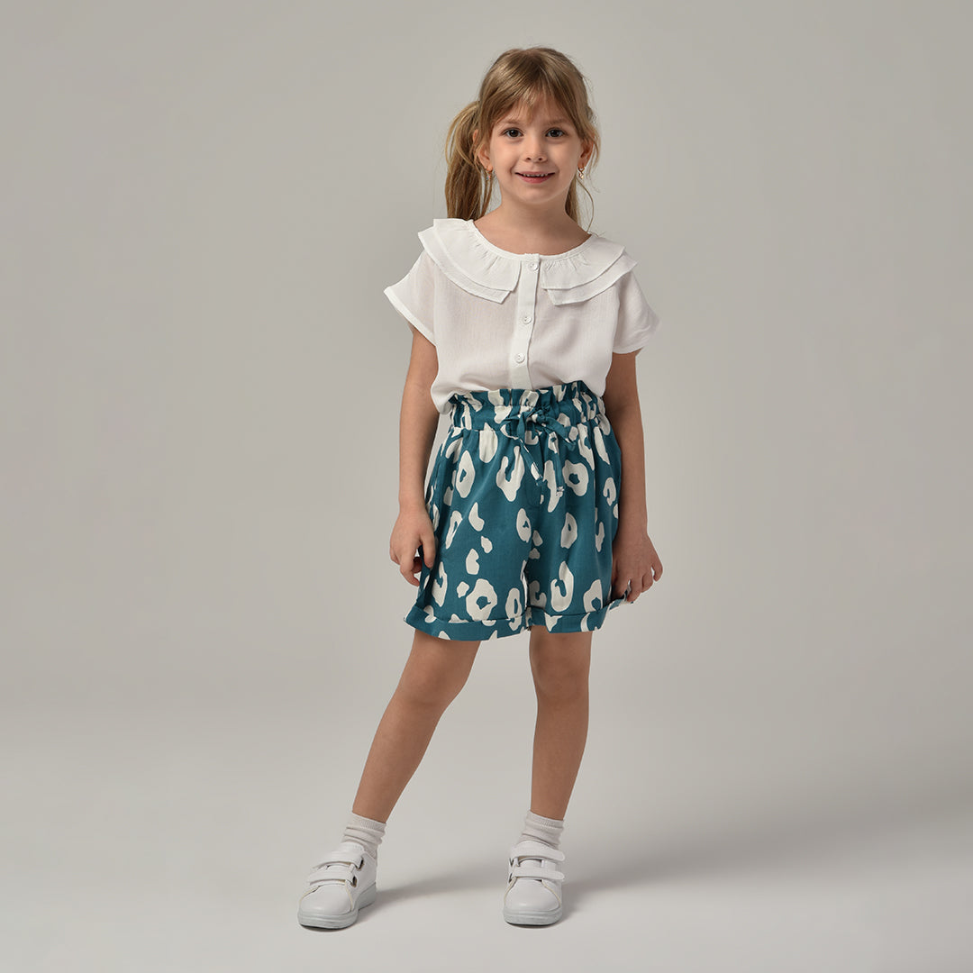 Ecru Blouse+Petroleum Patterned Girl Shorts