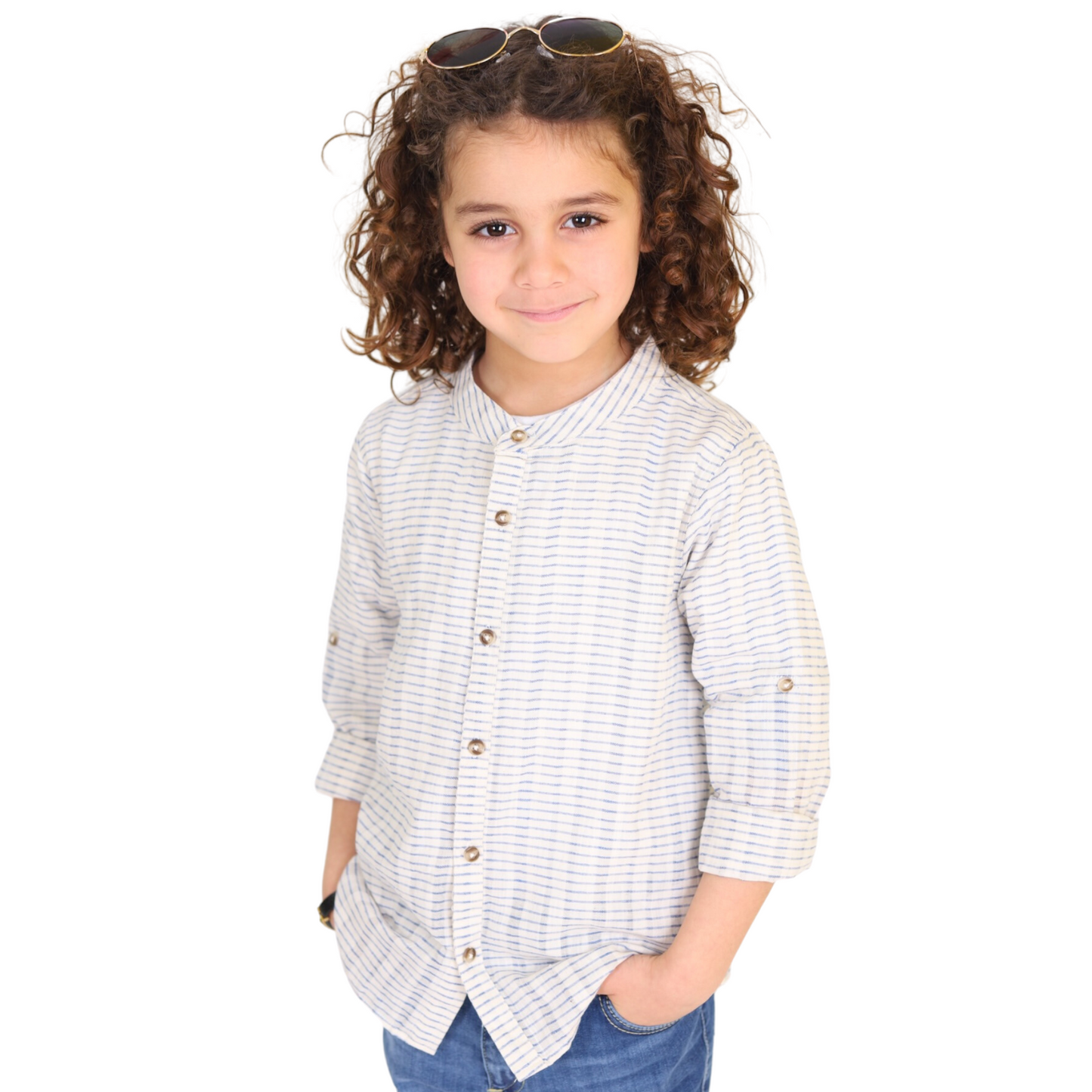 Boy Mandarin Collar Striped Shirt