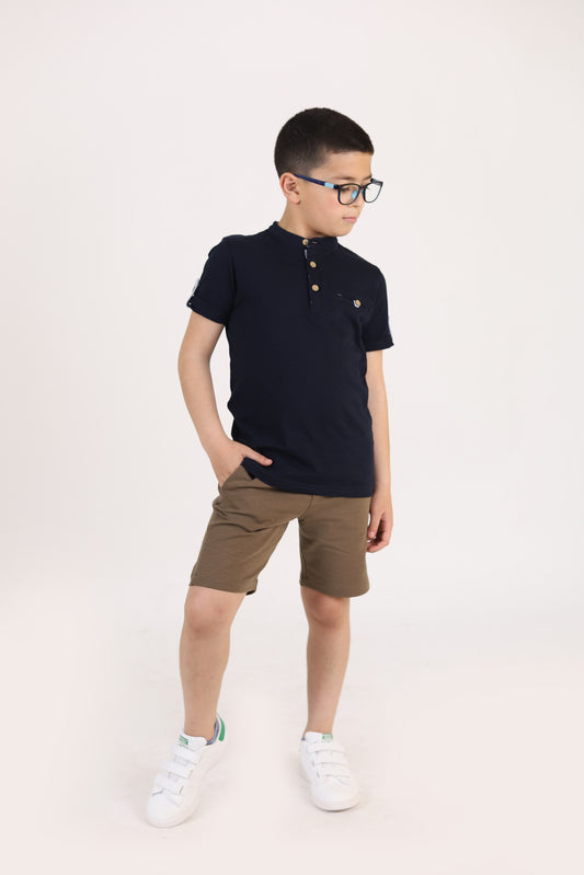 Navy Mandarin Collar Short Sleeves T-shirt